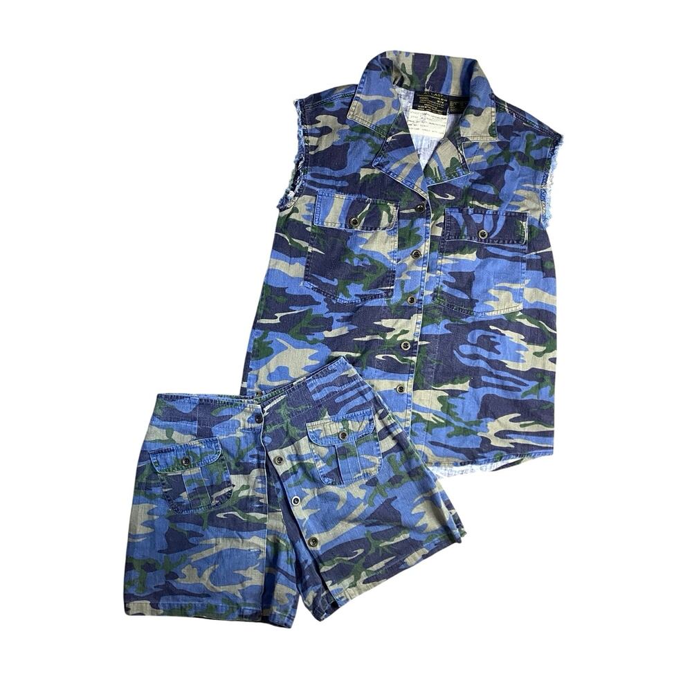 Vintage At Last Survival Gear Blue Camo Cutoff Top/Skort Set - S